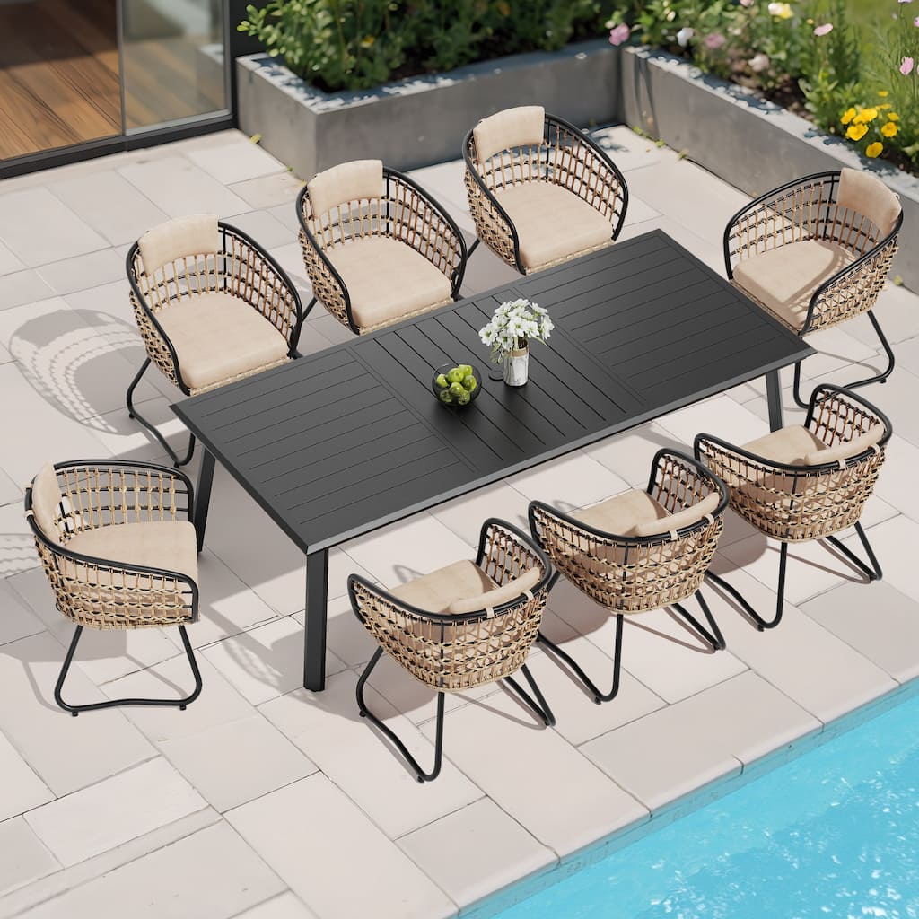 7/9/11-Piece Set Outdoor Aluminum Dining Table with Umbrella Hole and PE Rattan Chairs