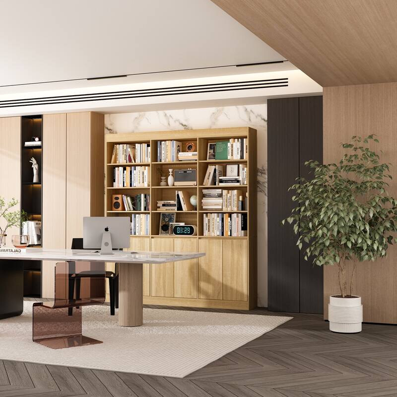 Pantry Large White Storage Cabinet 5-Door Bottom Cabinets & Open Display Shelving for Kitchen or Living Room