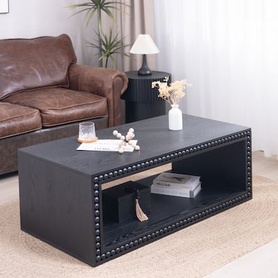 Beaded Edge Coffee Table - 47.6" Rectangular Center Table with Open Storage Shelf, Modern Farmhouse Style, Solid Black Finish
