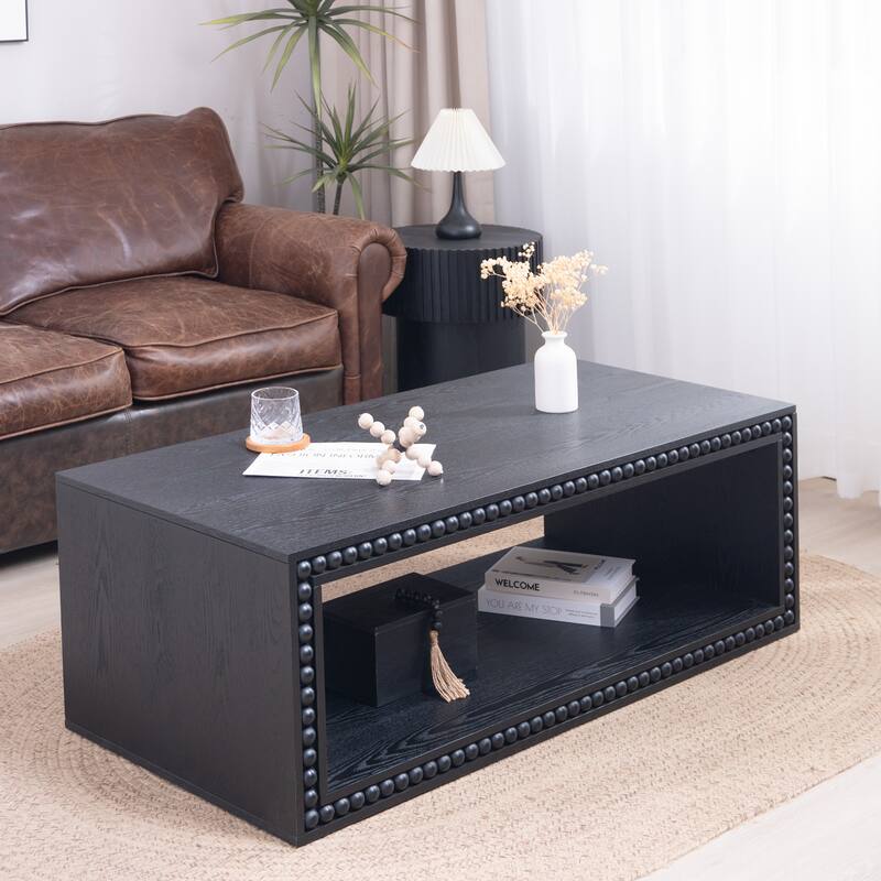 Rustic Beaded Edge Coffee Table -47.6" Rectangular Center Table with Open Storage Shelf - Black