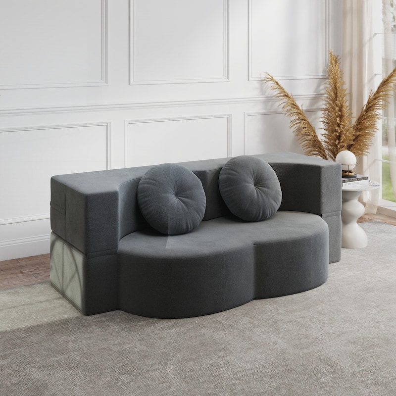 Modern Floor Sofa with 2 Pillows,Convertible Plush Corduroy Foam-Filled Sleeper Sofa Bed