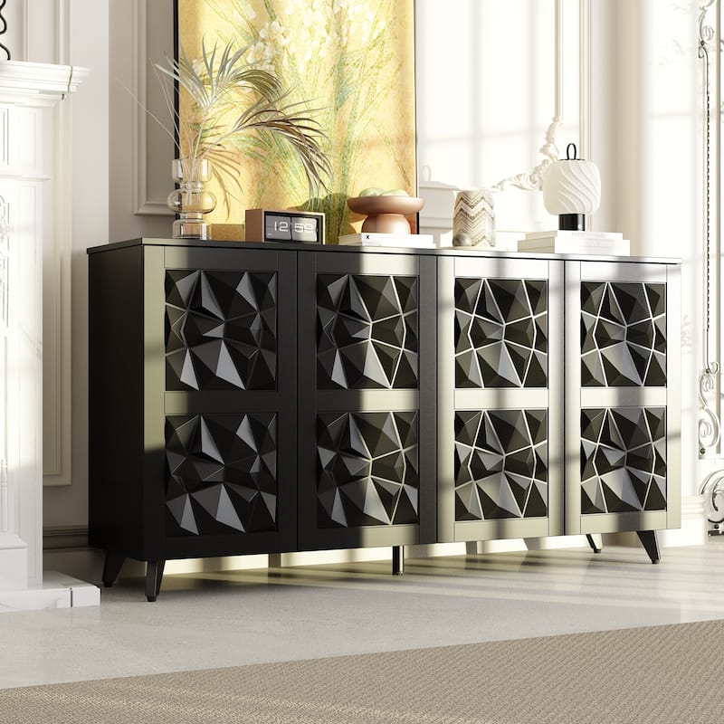 Geometric 4-Door Sideboard Buffet Cabinet with Adjustable Shelves, White Finish