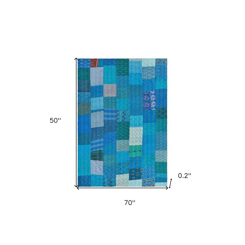 70" X 50" Blue Kantha Silk Patchwork Throw Blanket with Embroidery