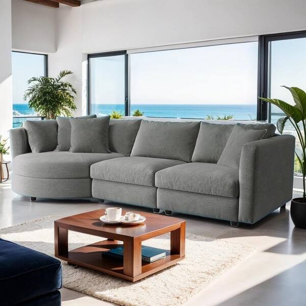 Elegant Three-Piece Indoor Sofa Set with Curved Seat and Three Pillows, Premium Chenille Fabric, for Living Room and Study, Grey