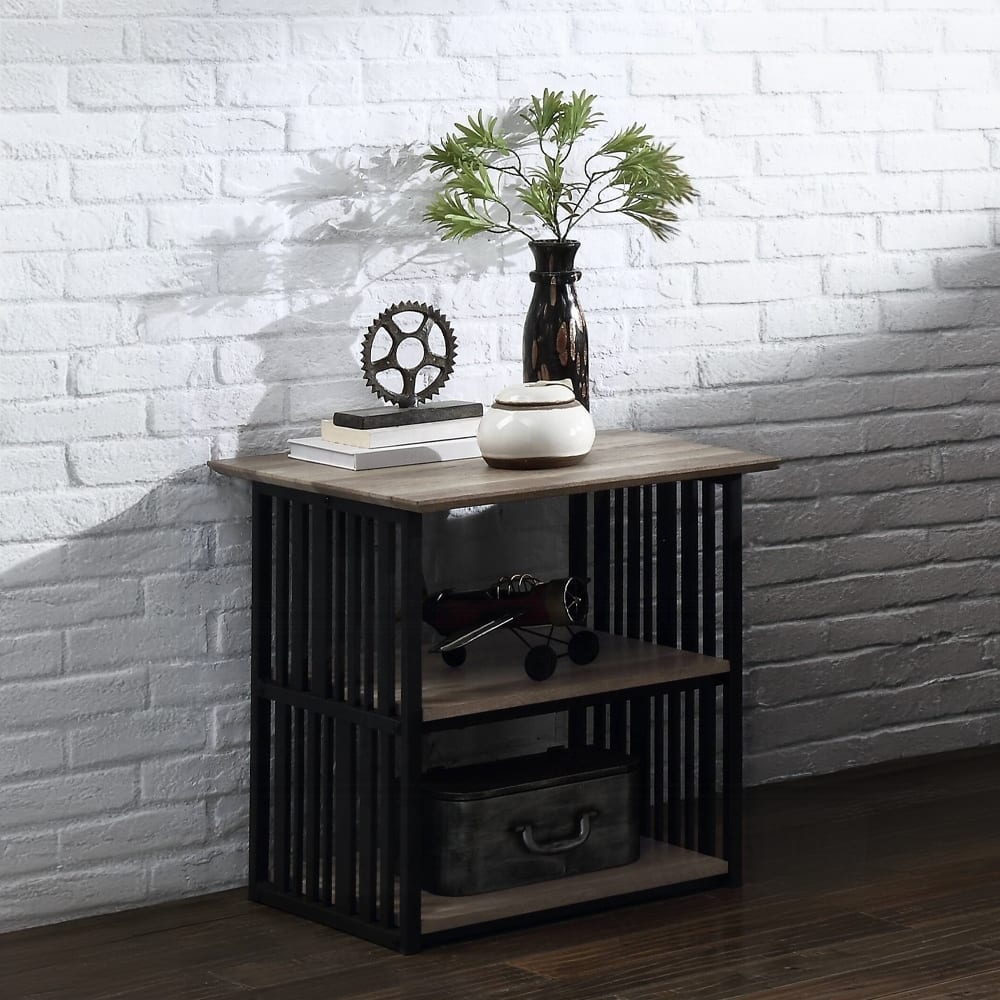 Rustic Industrial Black and Antique Oak Finish Open Shelves Nightstand