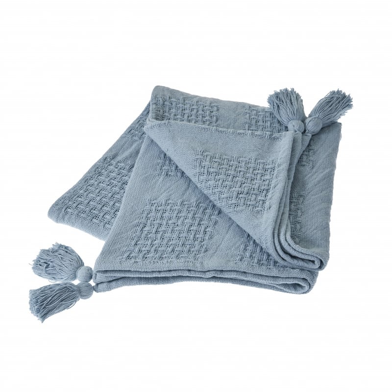 HomeRoots 50" X 60" Blue Woven Cotton Throw Blanket with Tassels