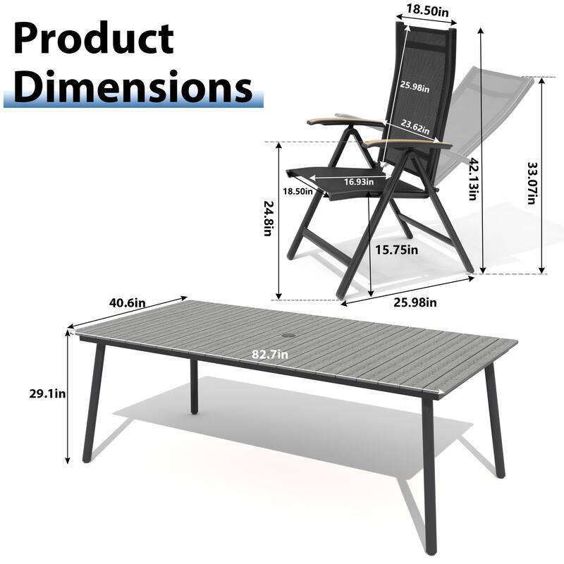 7-Piece Outdoor Patio Dining Set WPC Table Top Alumium Umbrella Hole Table with Folding Teak Armrest Chairs