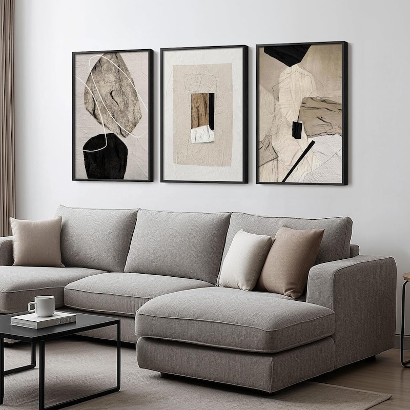 Framed Neutral Abstract Wall Art,Minimalist Black and Beige Pictures
