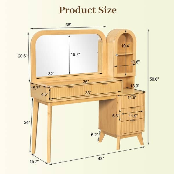 48 Inch Fluted Makeup Vanity Desk with Mirror, Glass Top, Charging Station, 4 Drawers and Cabinet