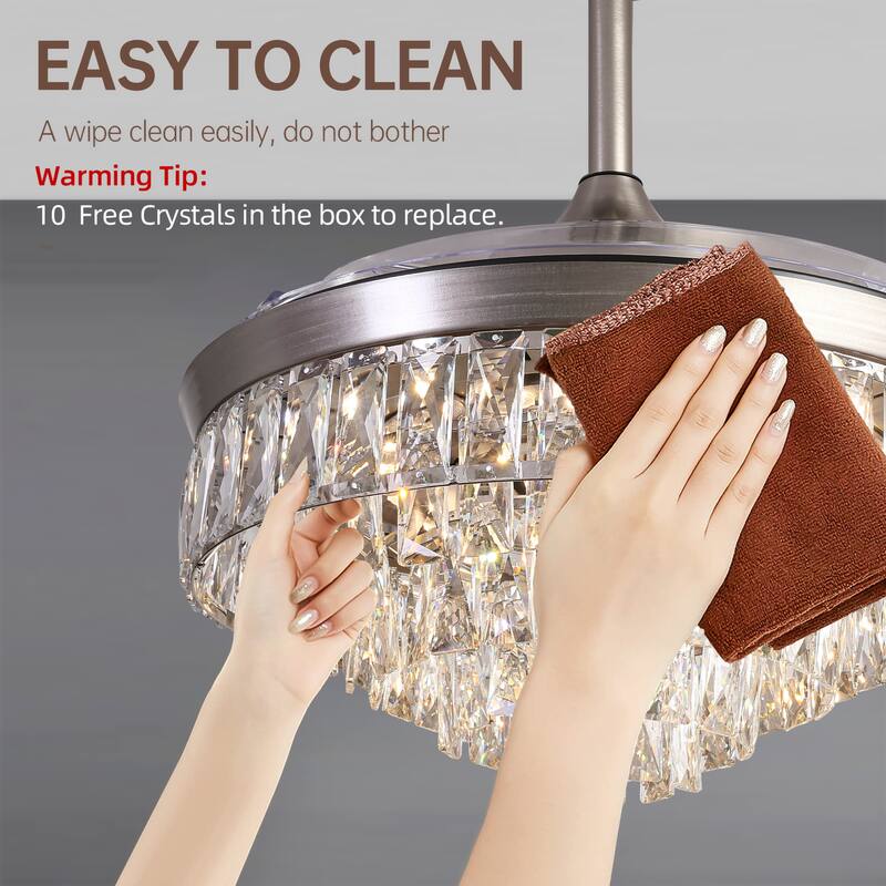 42" Invisible Ceiling Fan Chandelier Light, Crystal Ceiling Fan Light with Remote Control and 3 Retractable Blades