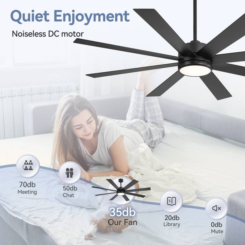 65 Inch 8-Blade Black LED Ceiling Fan with Light and Remote