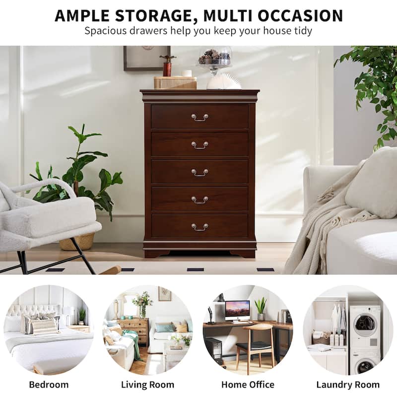 48" Tall Modern Dark Cherry Solid Wood 5-drawer Storage Chest