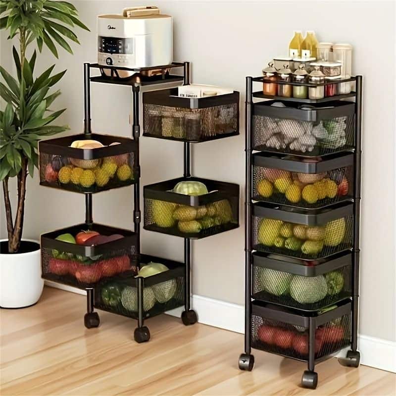5-Tier Rotating Storage Shelf, Square Metal Kitchen Cart with Wheels - Black