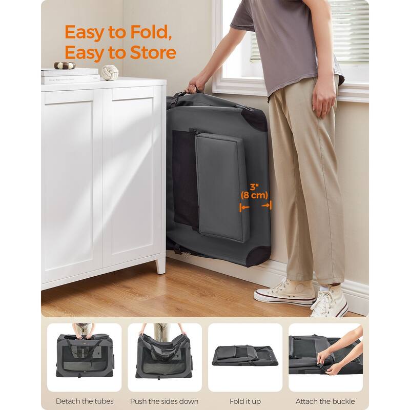 Collapsible Pet Carrier, Oxford Fabric, Mesh, Metal Frame, With Handle, Storage Pockets