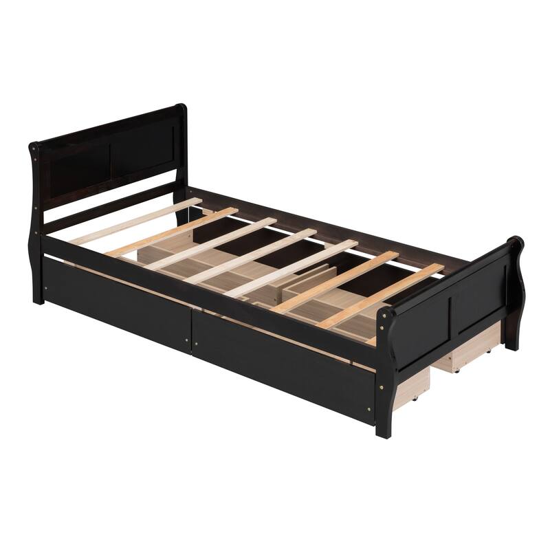Wood Platform Bed with 4 Drawers and Streamlined Headboard & Footboard