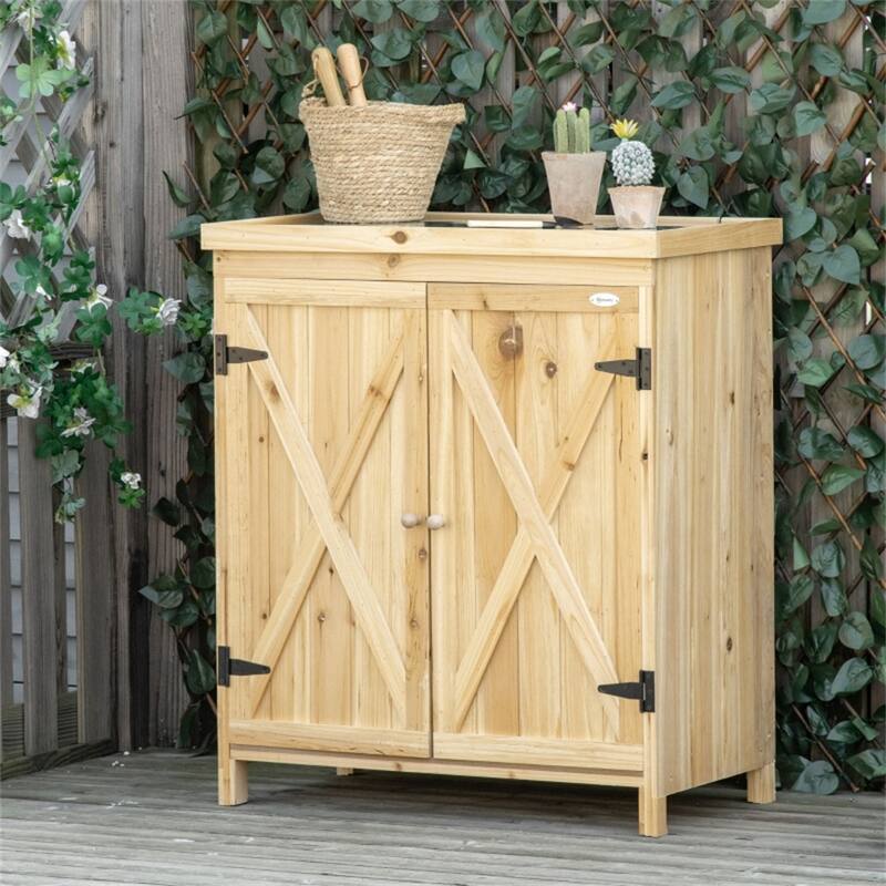 Natural Fir Wood Garden Storage Cabinet with Galvanized Steel Top Double Door Closet and Outdoor Tool Storage