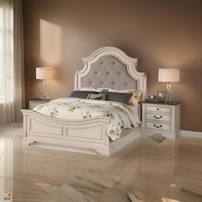 Lupe King Size Bed, Gray Upholstered Scalloped Frame, Antique White Finish