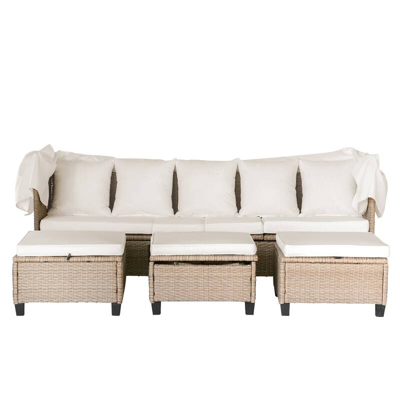4-Piece Outdoor Wicker Patio Sofa Set with Retractable Canopy,Adjustable Table & Ottomans,UV-Resistant Cushions for Lounge