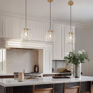 Modern 1-Light Black Gold Pendant Light Fixture Textured Glass Rectangular Shade Kitchen Island Light for Dining Room