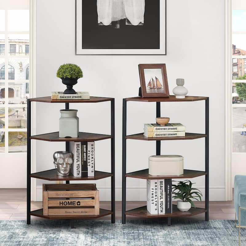 Javlergo Set of 2 Corner Shelf Freestanding 4-Tier Wood Storage Rack