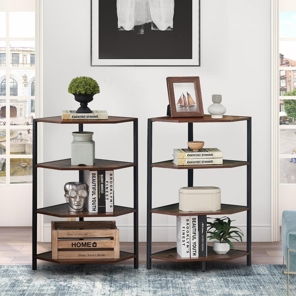 Javlergo Set of 2 Corner Shelf Freestanding 4-Tier Wood Storage Rack