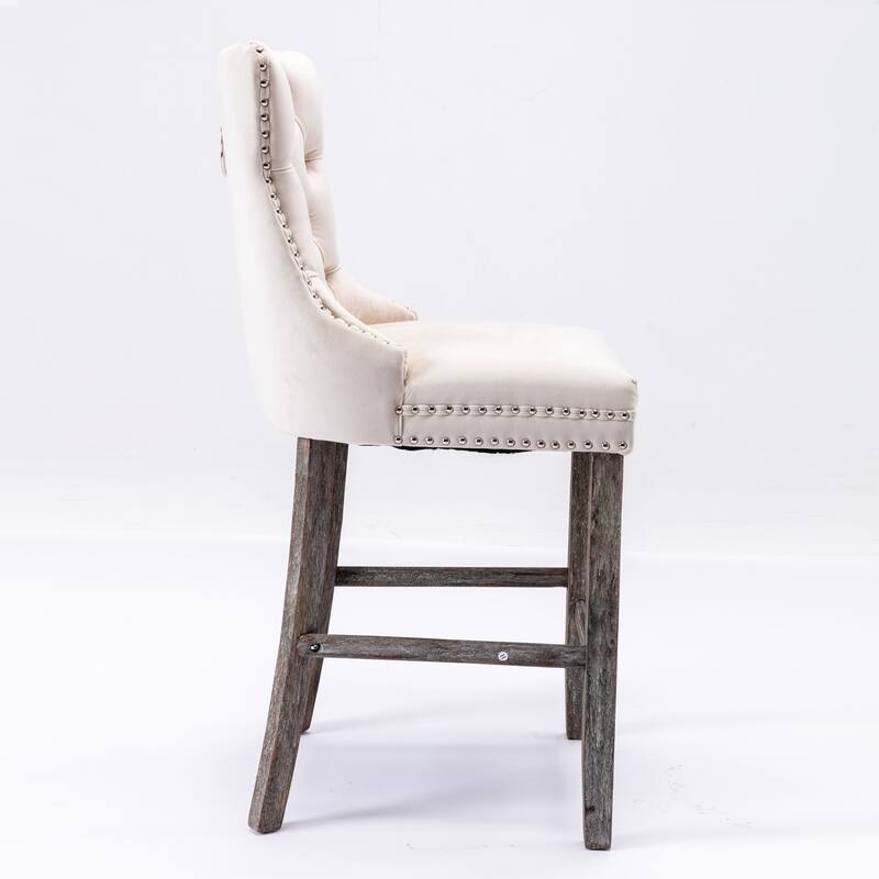 Modern Velvet Upholstered Barstools Bar Chairs with Button Tufted Decoration,Wooden Legs,Chrome Nailhead Trim, Set of 2