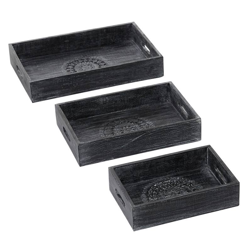 Black Wood Intricate Carved Floral Living Room Decor Tray (Set of 3) - 18 x 12 x 3