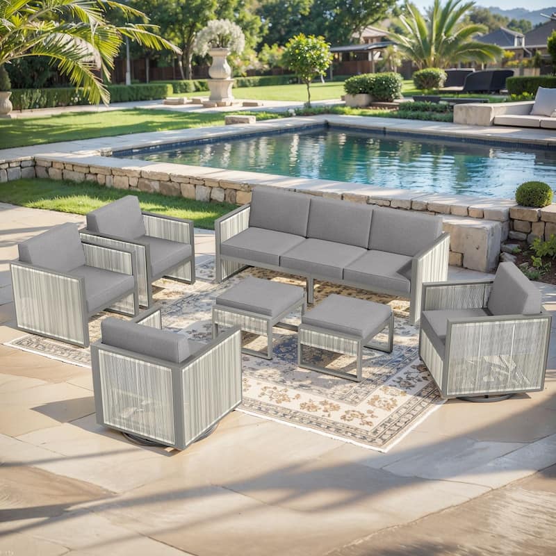 Pocassy 5 Inch Outdoor Patio Funiture Sets - Light Grey Cushion - 7PCS Sofa Chairs with Ottoman