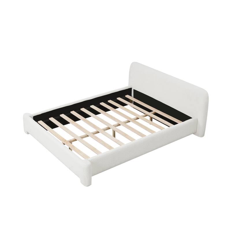 Roomfitters Boucle Upholstered Bed Frame with Birch Wood Slats, Modern Design, White