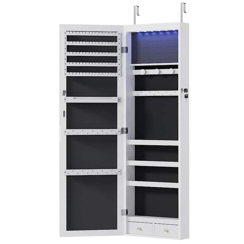 White Wood Wall or Door Mounted 14 in. W Lockable Jewelry Armoire with Full Length Mirror