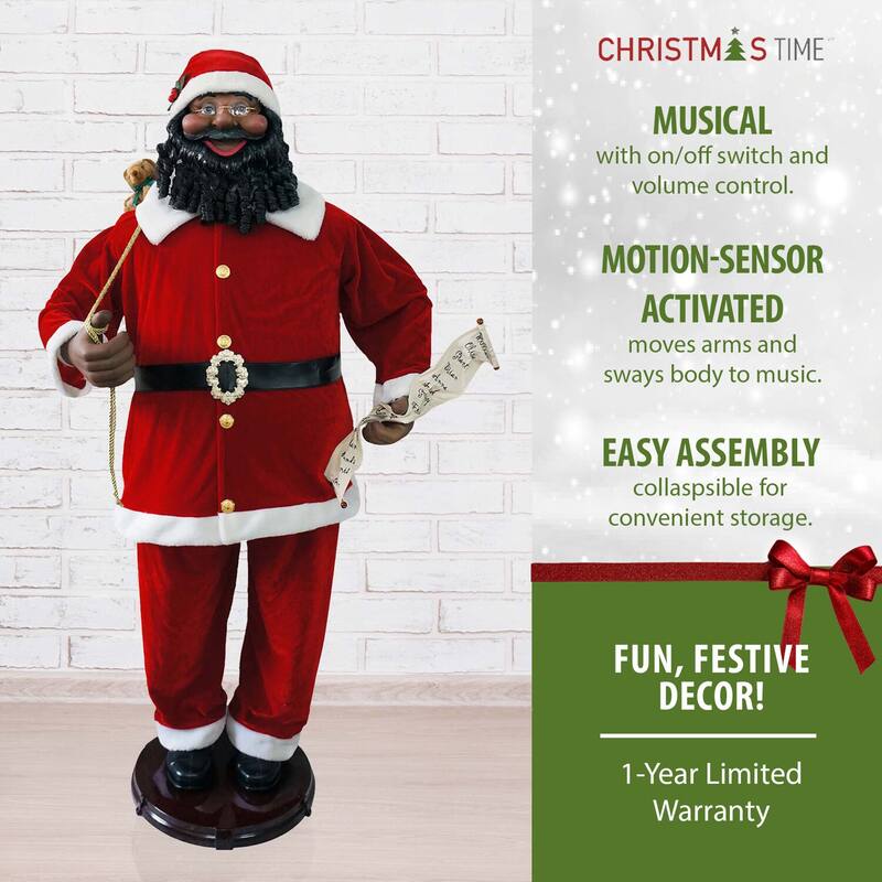 Christmas Time 58-In. African American Dancing Santa Claus with Naughty & Nice List, Animated Indoor Christmas - 5 foot