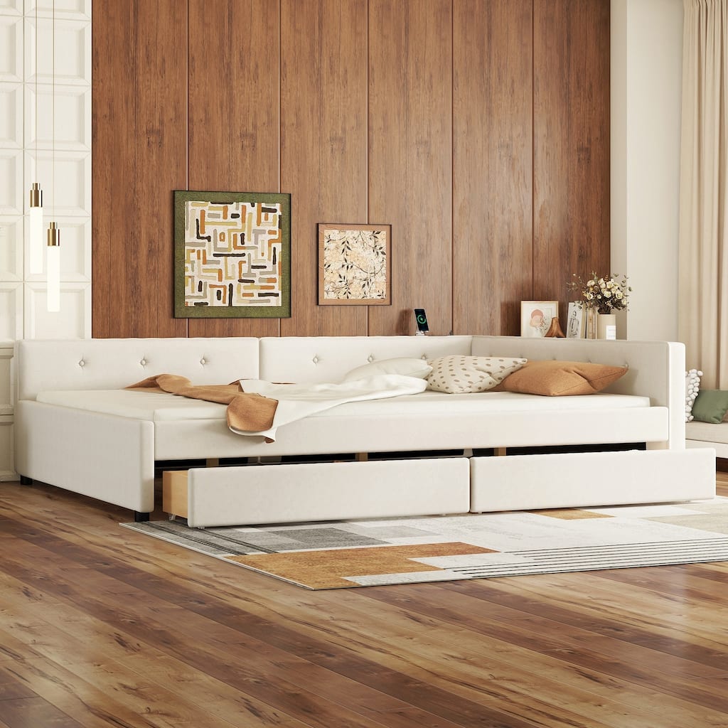 Modern Full Size Upholstered Platform Bed with USB Ports and 2 Drawers, Floor Sofa Day Bed Frame with Slatted Support