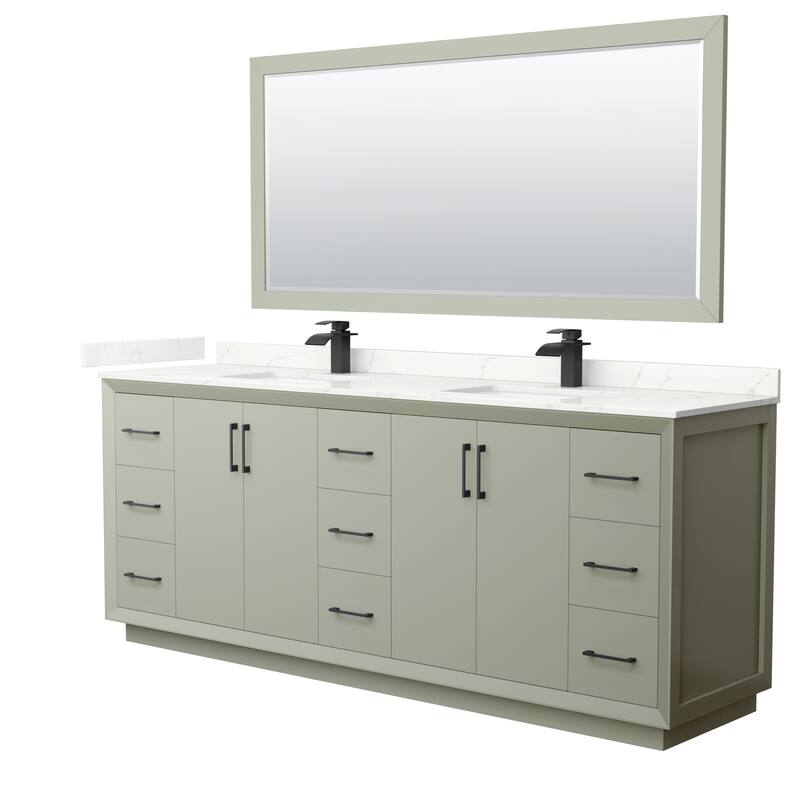 Strada 84-inch Double Vanity, Quartz Top, 70-inch Mirror - Light Green, Black Trim, Giotto Quartz Top
