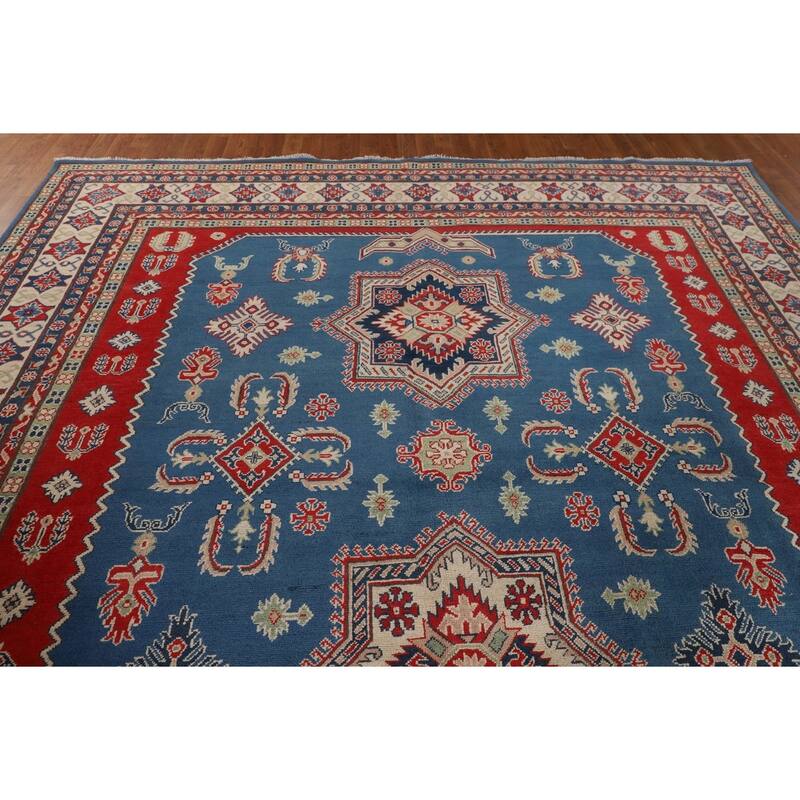 Blue Geometric Kazak Large Area Rug Hand-Knotted Wool Carpet - 9'9" x 13'2"