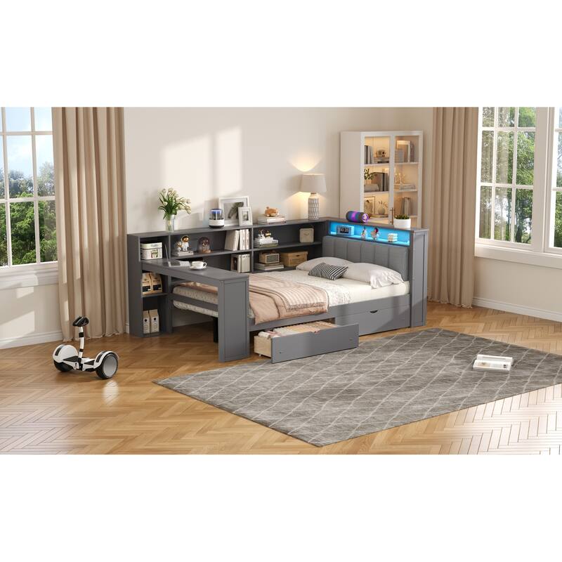 Wood Full/Twin Platform Bed with Storage - Features Shelves, Drawers, Charging Station and LED Desk