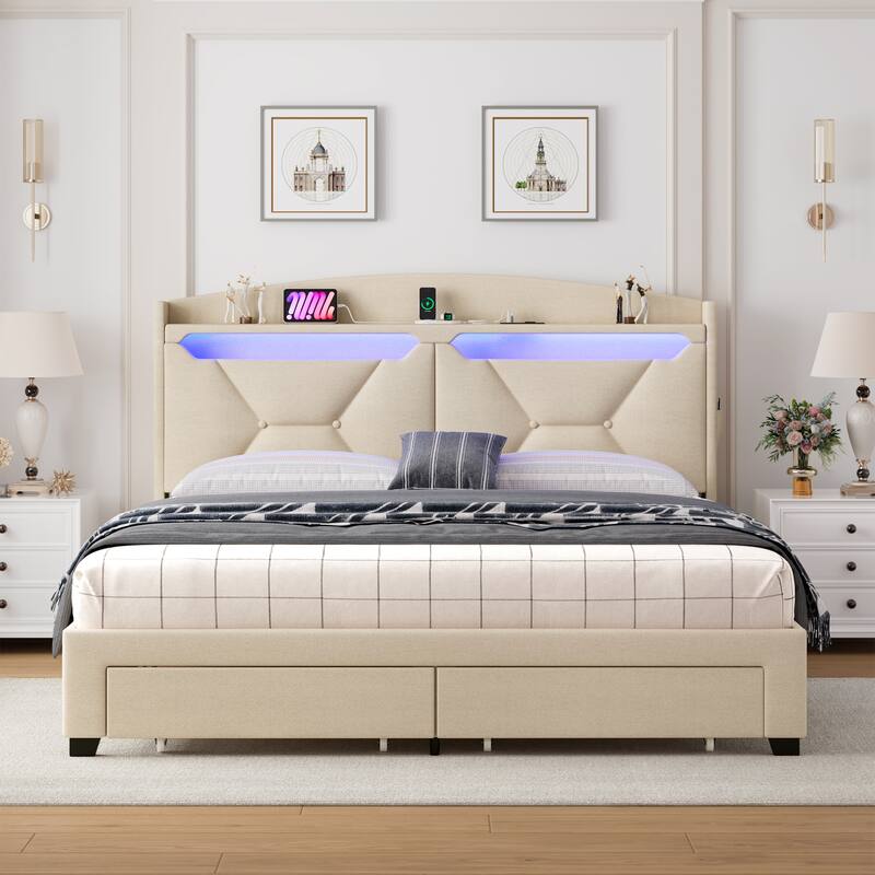 Beige Queen Size Platform Bed Frame with Storage Headboard and Drawers - Beige - Queen