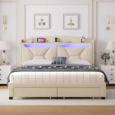 Beige Queen Size Platform Bed Frame with Storage Headboard and Drawers