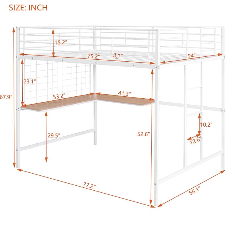 Metal Loft Bed with Desk and Metal Grid