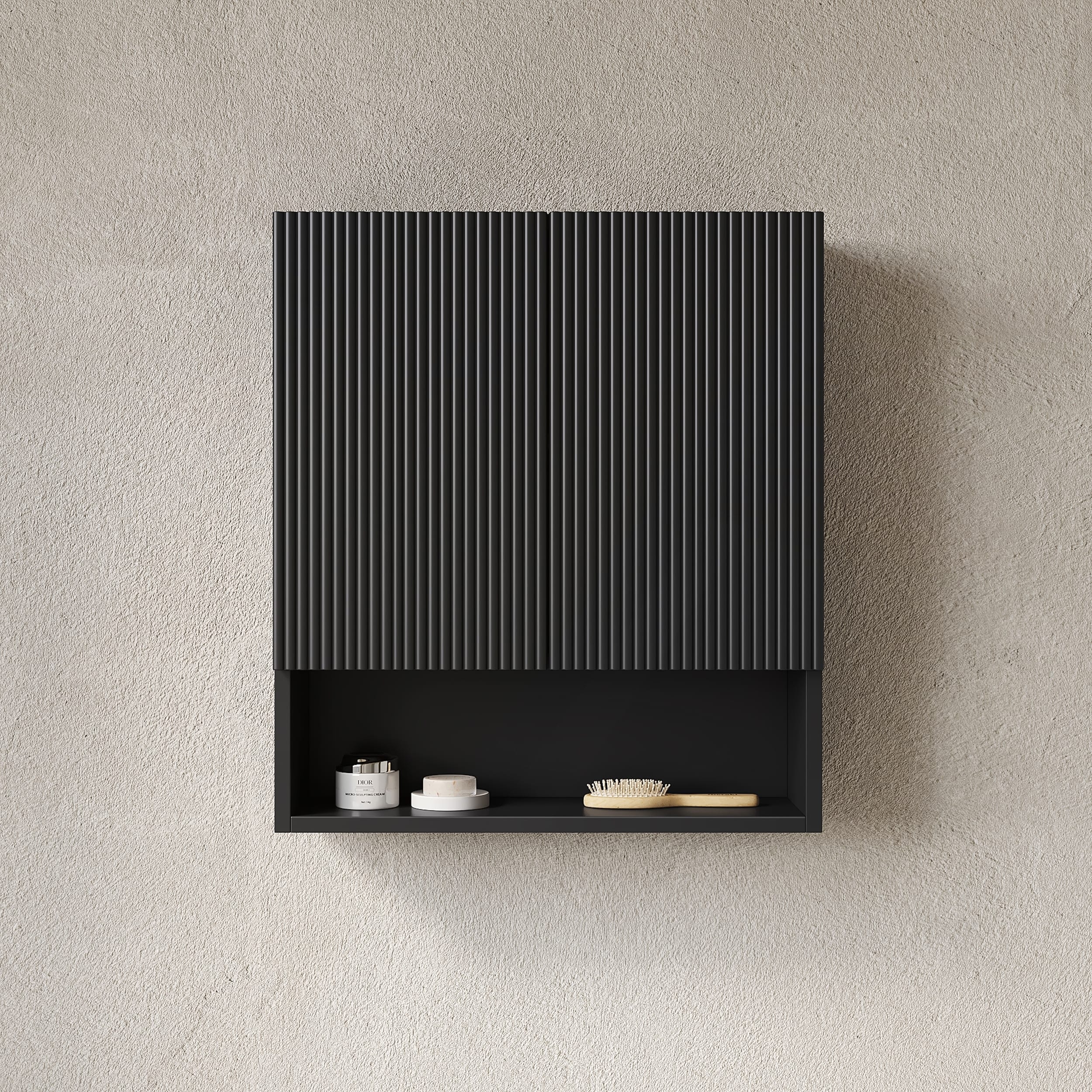 Wall-Mounted Striped Bathroom Cabinet with Doors, Shelf, and Open Storage for Efficient Organization