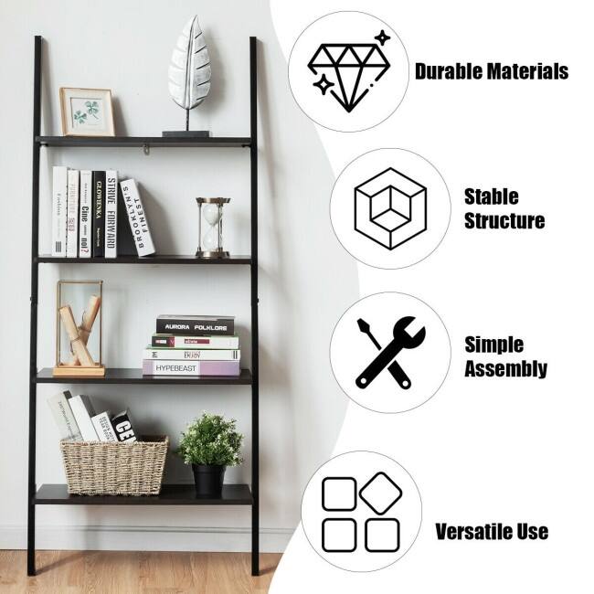 Multipurpose 4-Tier Industrial Leaning Wall Bookcase with Metal Frame - 25'' x 14'' x 60'' (L x W x H)