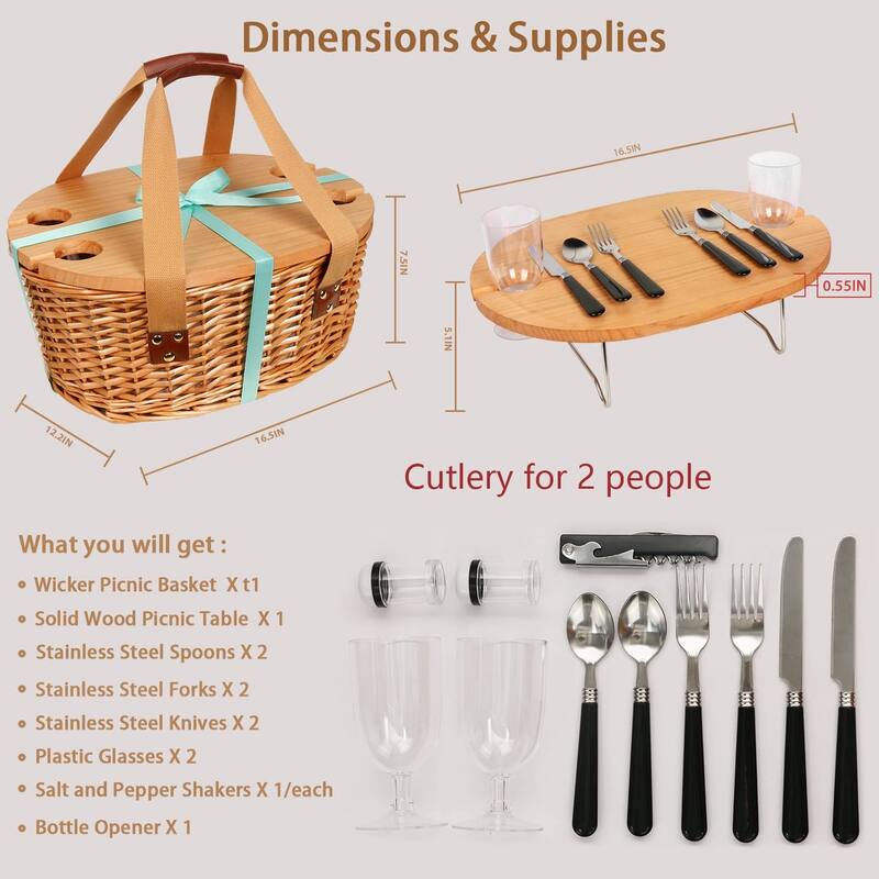 Wicker Picnic Basket Set for 2 with Mini Folding Wine Picnic Table & Large Insulated Cooler Bag & Cutlery Service Kits
