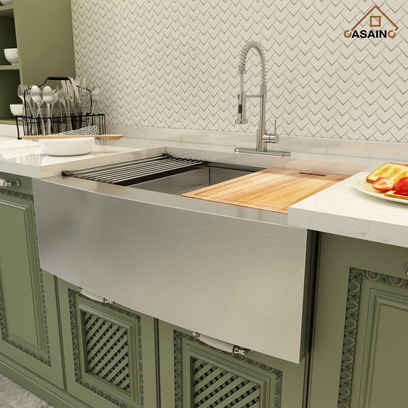 Farmhouse/Apron-Front Single Bowl 18 Gauge Brushed Stainless Steel Workstation Kitchen Sink with Accessories