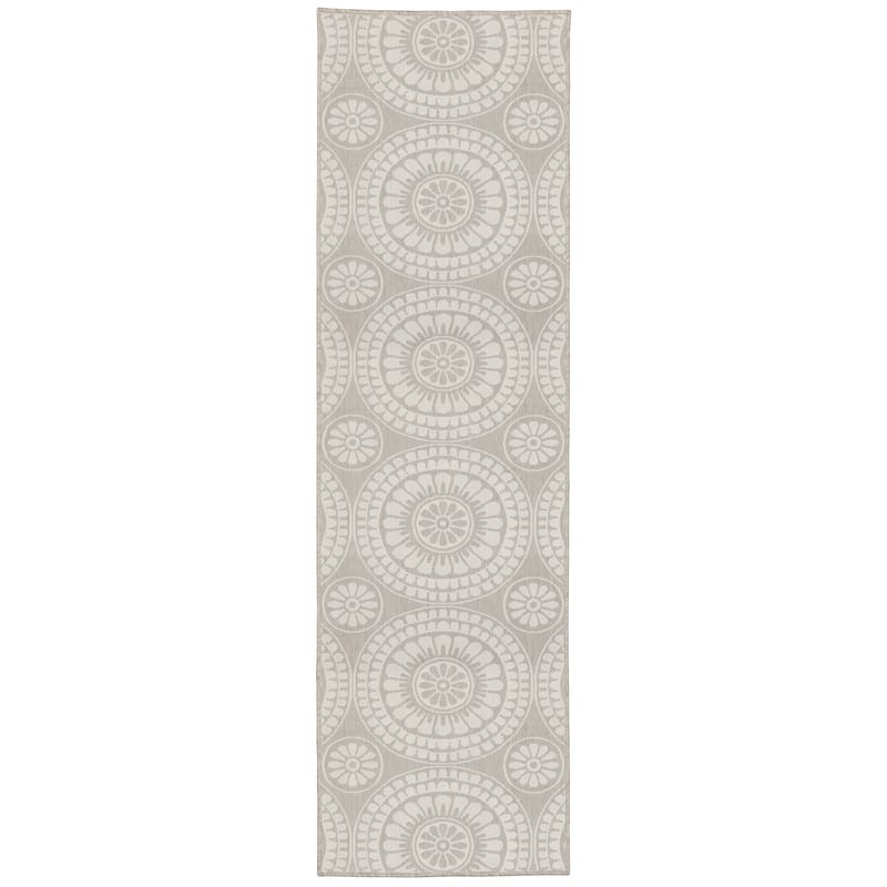 Vista Home Palmetto Floral Medallion Indoor/ Outdoor Area Rug - 1'10" x 7'3" - Grey/ Ivory