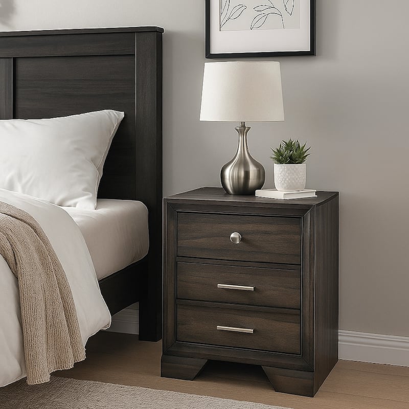 Jeni Nightstand, 3 Drawers, Chrome Metal Handles, Rustic Dark Gray