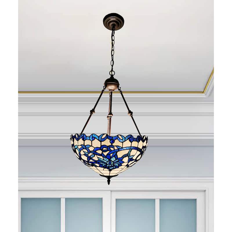 Shelly Blue/White 2-Light Stained Glass Shade Tiffany-Style Chandelier with Floral Design