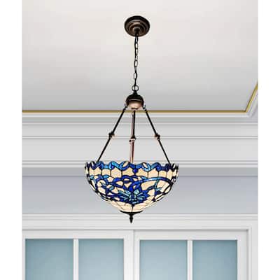 Shelly Blue/White 2-Light Stained Glass Shade Tiffany-Style Chandelier with Floral Design
