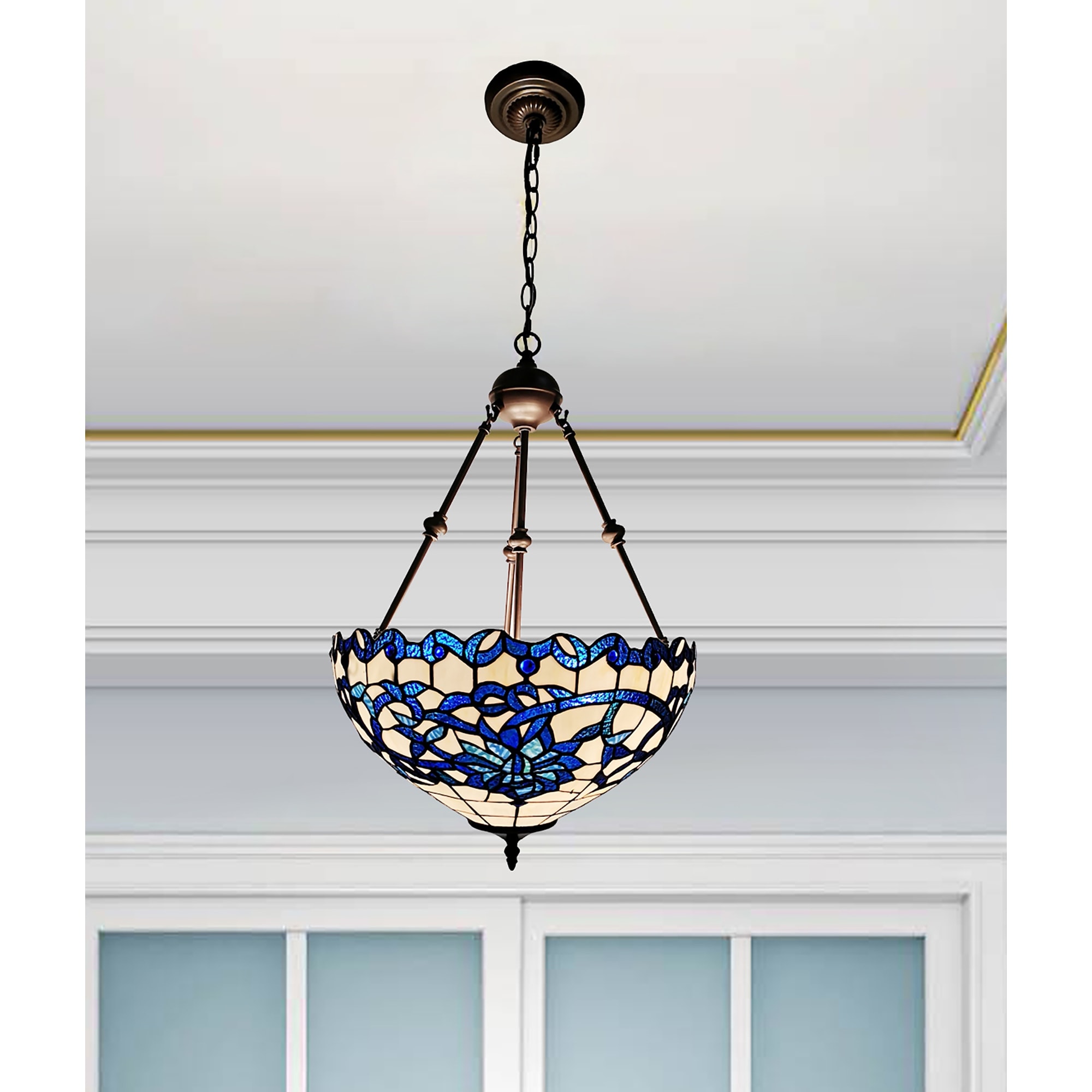 Warehouse of Tiffany Shelly Blue/White 2-Light Stained Glass Shade Tiffany-Style Chandelier with Floral Design
