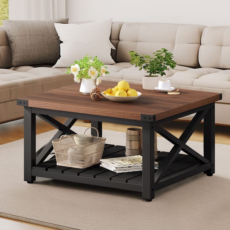 Moasis 31" Square Farmhouse Coffee Table with Shelf, 2-Tier Center Table with Storage - Brown/Black