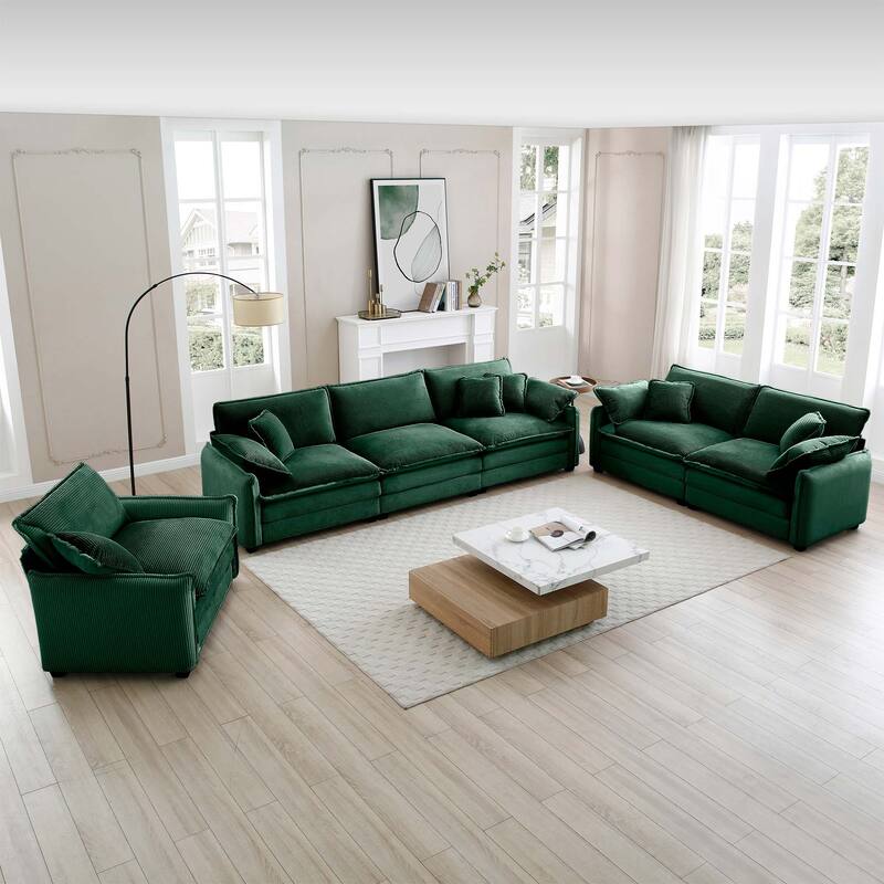 Roomfitters 3-Piece Modular Corduroy Sectional Sofa, Oversized 6-Seat Set with Memory Foam - Green