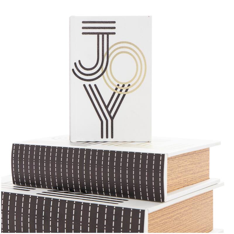 White Wooden Home, Joy Faux Storage Book Box with Striped Spine and Gold Accents (Set of 3)